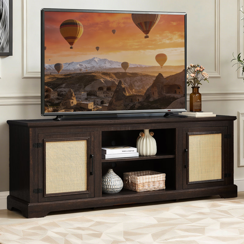 65" Mid-Century Modern TV Stand for TVs up to 70", Entertainment Center with Rattan Doors, Fish Tank Cabinet with Storage Cabinets & Adjustable Shelves, Fish Tank Cabinet for Living Room, Bedroom