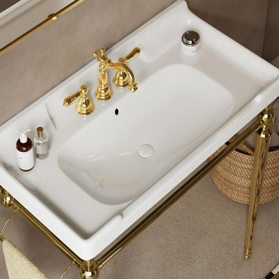 Lavabo console 28 po, lavabo console autoportant avec pieds dorés, meuble-lavabo avec 3 trous pour robinet, lavabo blanc