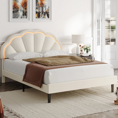Aisaiah Velvet Upholstere LED Platform Bed With Adjustable Headboard, Wood Beds Frame With Adjustable Headboard
