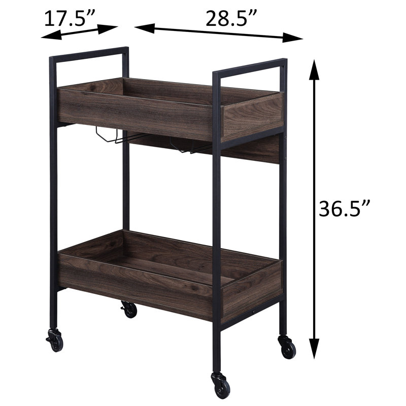 Chariot de cuisine en noyer et noir avec 2 tablettes, porte-gobelet, dessus, pour un espace repas élégant, pièce à plateau lisse