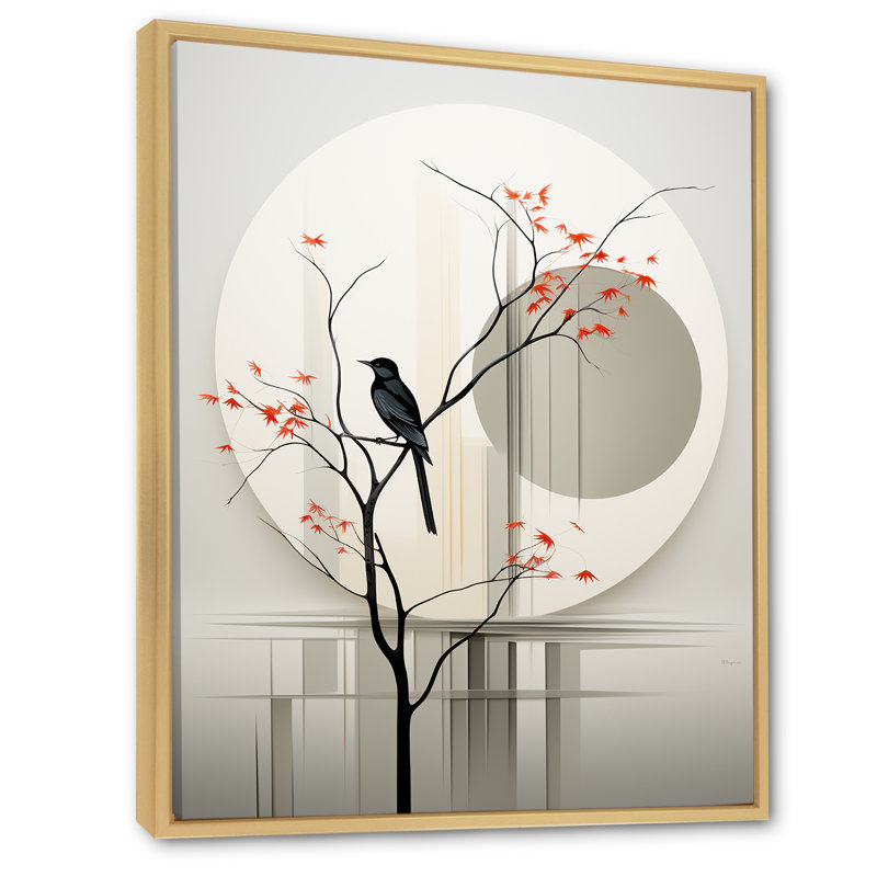 Encre d'oiseaux japonais gris, impression sur toile, Cadre naturel flottant, 44" H x 34" W