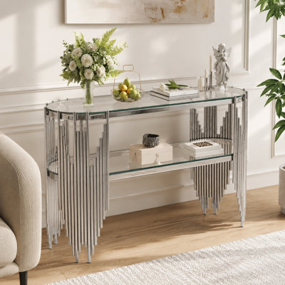 Console de luxe avec tablettes en verre trempé à 2 niveaux, table d'entrée ovale moderne pour le couloir et le salon, structure en acier inoxydable poli, 47 po x 15,7 po x 31,5 po