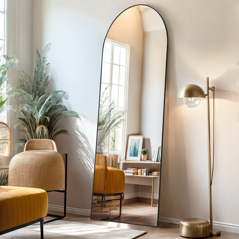 Levente Full Length Mirror, Arched Floor Mirror Freestanding, Full Body Mirror With Stand For Living Room, Gold, 64" x 21"