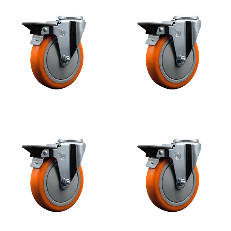 Ensemble de roulettes pivotantes à trous de 5 po avec roulettes en poly orange avec freins Posi Lock SCC