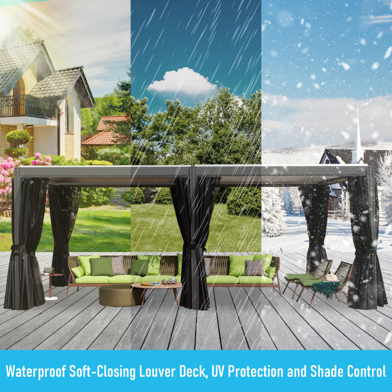 20 ft. x 12 ft. Aluminum Pergola with Adjustable Roof, Curtains & Netting, Gray