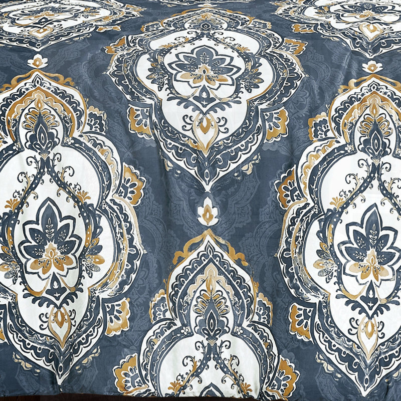 Ensemble de literie à imprimé damassé bleu marine et doré - Collection d'édredon et de draps tout-en-un