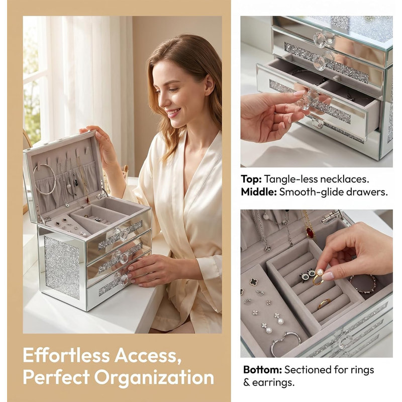 Jewelry Box 3-Layer 2 Drawers Mirrored Jewelry Organizer Box for Rings Necklaces Bracelets