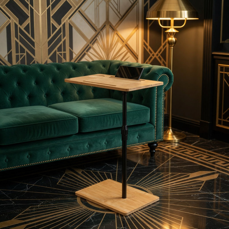Table de bout en bambou à hauteur réglable en forme de C et canapé à 2 niveaux pour le salon et la chambre à coucher (Rectangle + Rectangle)