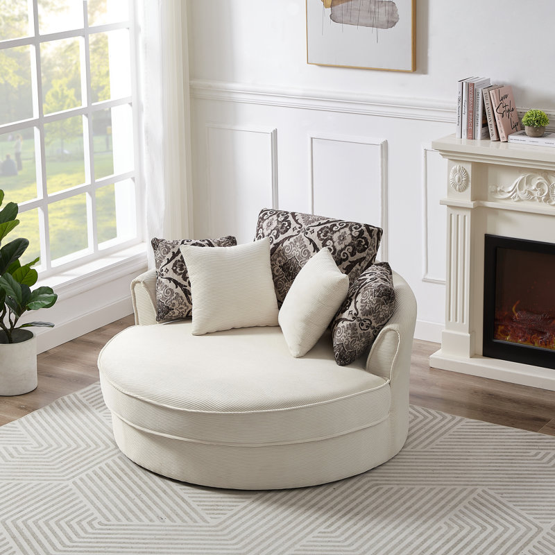 Fauteuil demi-tonneau pivotant avec 5 coussins amovibles, fauteuil de salon, fauteuil de lecture, Velours côtelé crème