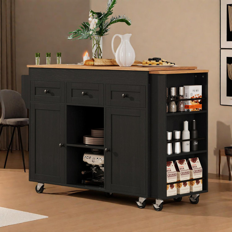 85.5" Kitchen Island with Expandable Dining Table and Storage Features, Black