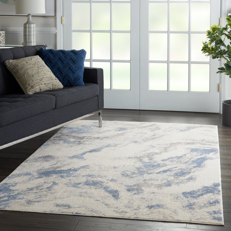 Tapis bleu / ivoire / gris à motif abstrait Sienna, Rectangle 3 pi 11 po x 5 pi 11 po