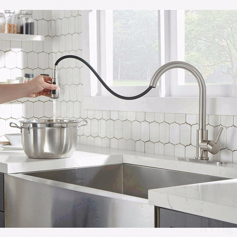 Robinet de cuisine rétractable en acier inoxydable avec douchette, Nickel brossé