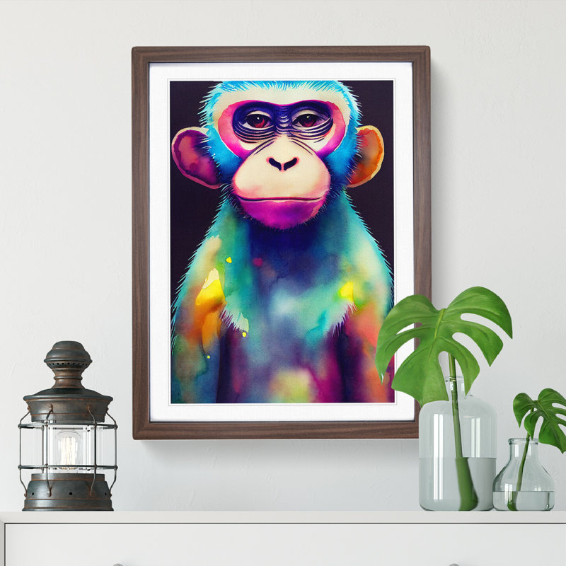 Neon Monkey No.5 - Single Picture Frame Painting, 34cm H x 25cm W x 2cm D, Walnut Framed