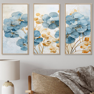 «Elegant Gold and Blue Pansy Petals I - Pansies», ensemble d'art sur toile