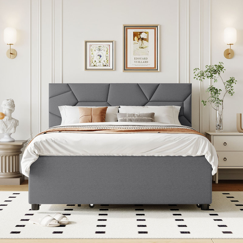 Lit plateforme double tapissier pleine grandeur avec tête de lit à motif brique, avec lit gigogne simple et 2 tiroirs, tissu en lin, gris