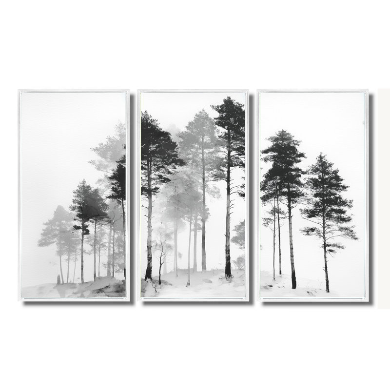 Ensemble de salon art mural pin noir et blanc, 28" H x 36" W, Reproduction avec cadre flottant, Blanc