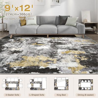 Machine Washable Modern Abstract Area Rug, Non-Slip Black/Grey/Gold