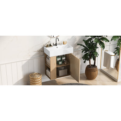 [Vidéo] Meuble-lavabo flottant moderne de 21,6 po avec lavabo en céramique - parfait pour les petites salles de bain, rangement à gauche