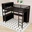 Lit mezzanine en métal avec garde-robe, bureau, cubes de rangement et tablettes-129032338