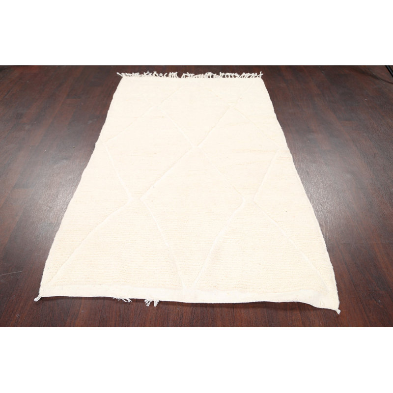 Tapis décoratif en laine noué à la main de conception unique 3 pi 11 po x 6 pi 4 po Ivoire