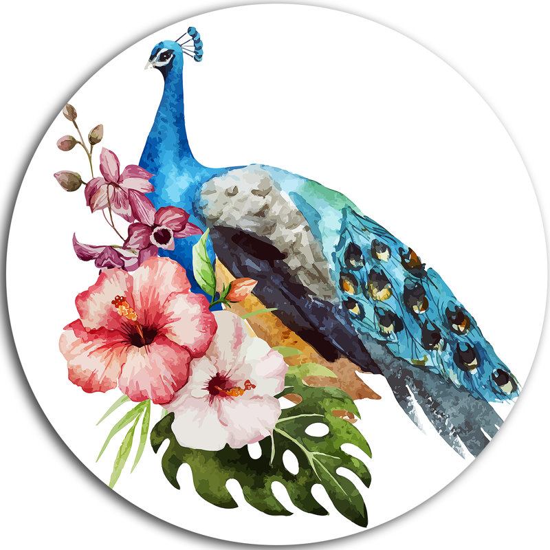 «Hibiscus Flowers and Blue Peacock», peinture, H 36 po x l 36 po x P 1 po, Bois