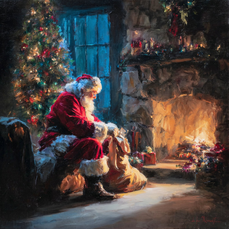 «Santa by the Fireside», art mural sur toile tendue, H 30 po x l 30 po