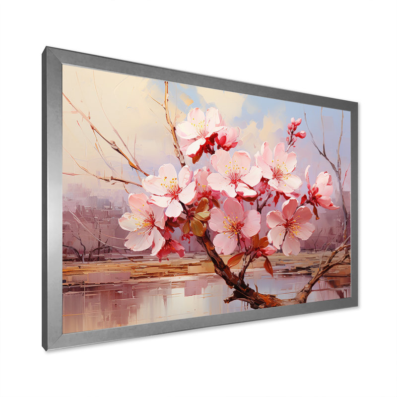 «Pink Whispering Cherry Blossoms II», art mural fleurs, Cadre de coin argenté fermé, H 12 po x l 20 po x P 1 po