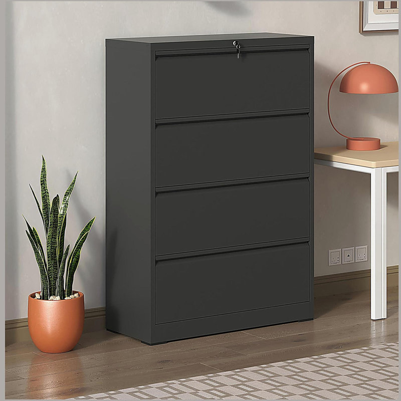 Lateral Metal File Cabinet 4 Drawer, Filing Cabinet with Lock, Black