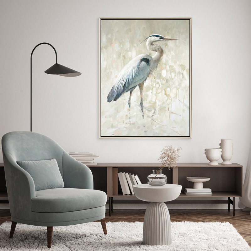 Large Blue Heron Canvas Print with Warm Silver Frame