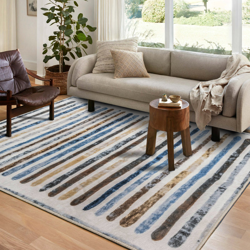 Non-Slip Machine Washable Colorful Modern Striped Area Rug in Blue/Brown/Yellow/Cream for Living Room, Bedroom, Hallway Runner Indoor Rugs