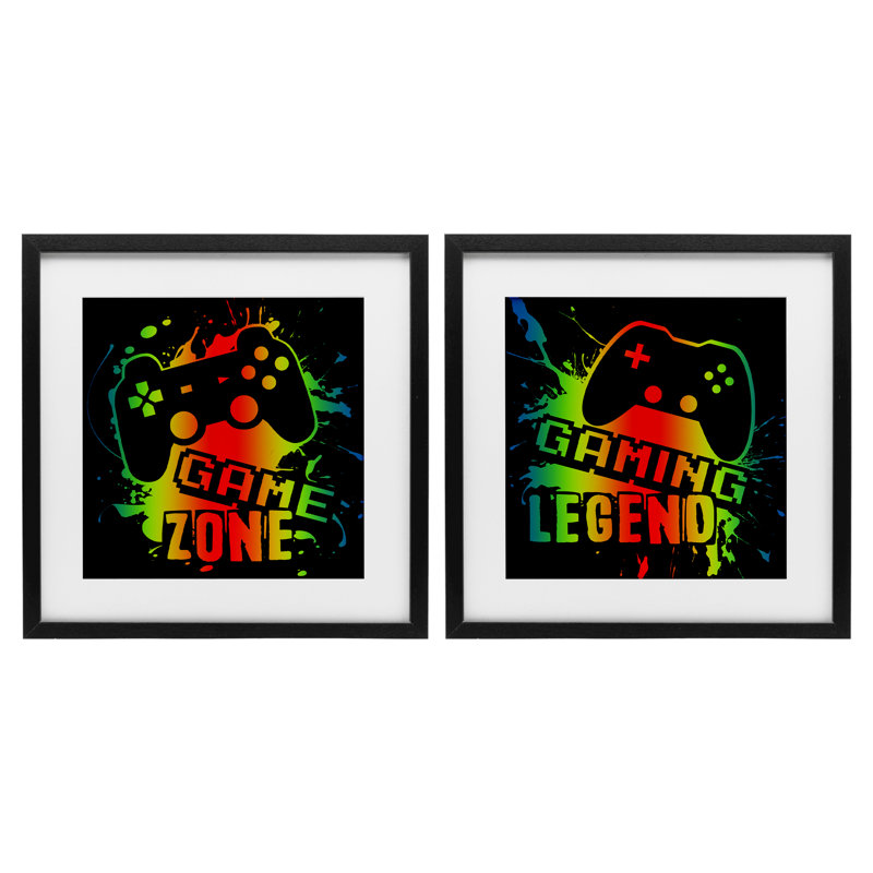 Gradient Gaming Phrases 2pc Framed Print Under Glass Set, design by Marcus Prime, 13" H x 13" W, Midnight Black Frame