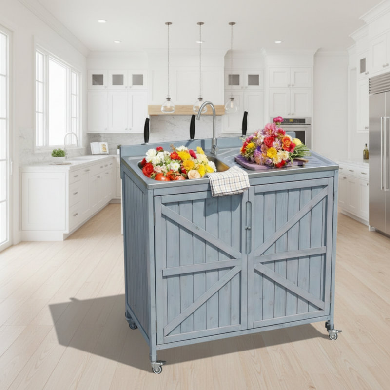 Gray-Blue Outdoor Kitchen Sink Cabinet, 304 Stainless Steel, With Flexible Hose Connector, Splash Guard, Caster Wheels, Pizza Preparation Countertop.