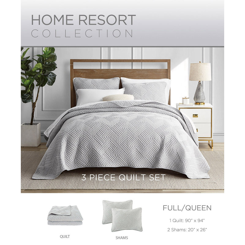 Gray Full Microfiber Reversible Quilt Set with Geometric Stitching