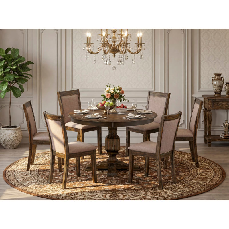 Ensemble de table de salle à manger 5 pièces moderne comprenant une table ronde en bois avec piédestal et 4 chaises Parson rembourrées en tissu brun clair clair, noyer antique