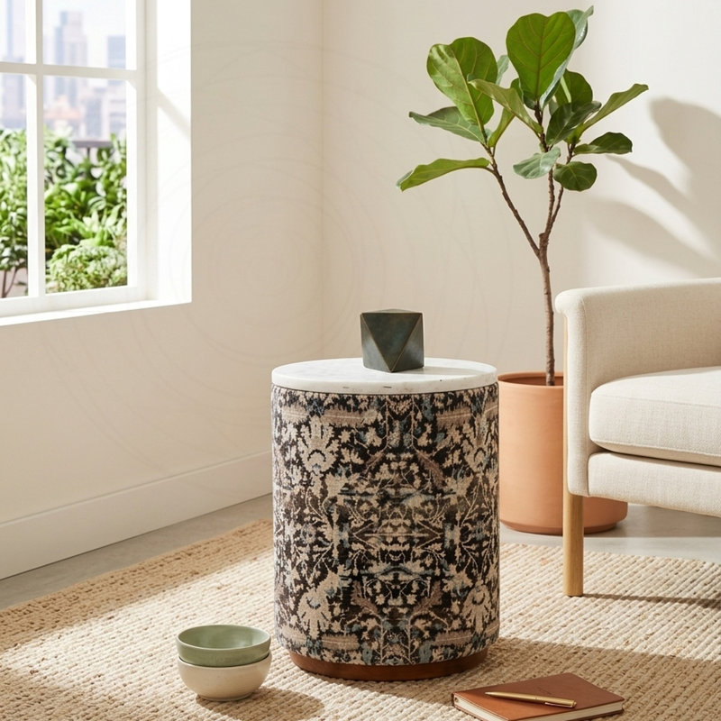 Repose-pieds en marbre avec structure en bois d'acacia et tissu botanique