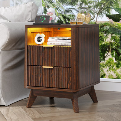 Nightstand with Charging Station, Fluted Nightstand with LED Lights, Modern Rustic Side Table with 2 Storage Drawers, Wooden End Table for Bedroom by George Oliver
