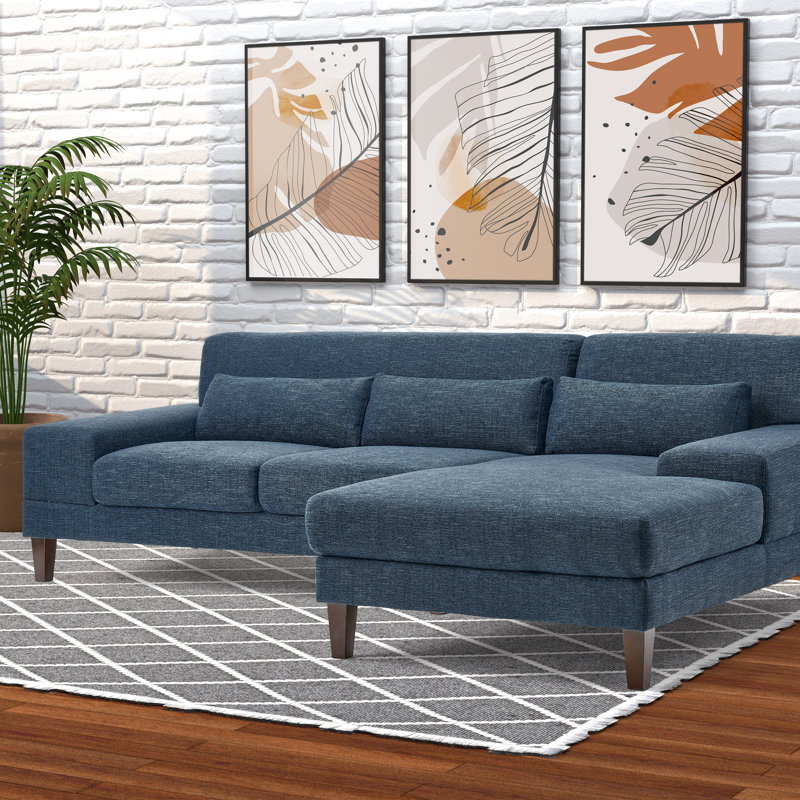 Ava Upholstered L-Shaped Sectional, Right Hand Facing, Blue Polyester Blend