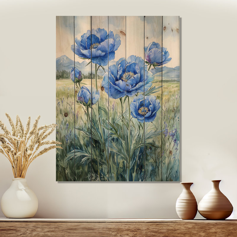 Pivoines bleues océaniques dans le champ I - décoration murale en bois de pivoines - sur bois de pin naturel