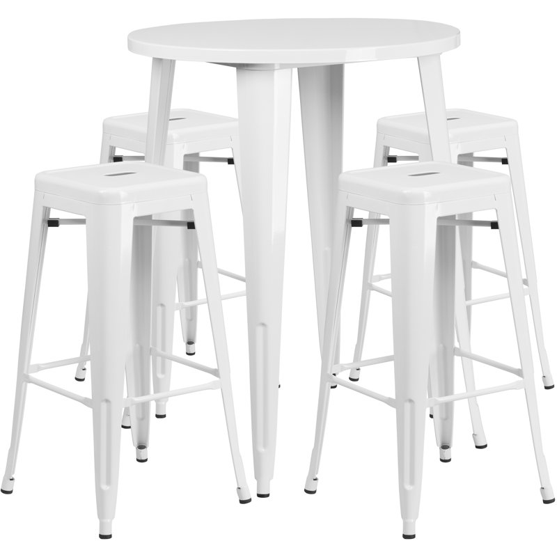 Colbert 30'' Round Metal Indoor-Outdoor Bar Table Set with 4 Square Seat Backless Stools, White, 41" H x 30" W x 30" L