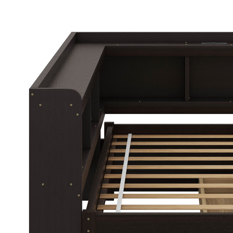 Lit simple en forme de L avec bibliothèques avec prises de courant, ports de chargement USB et 2 tiroirs, Espresso