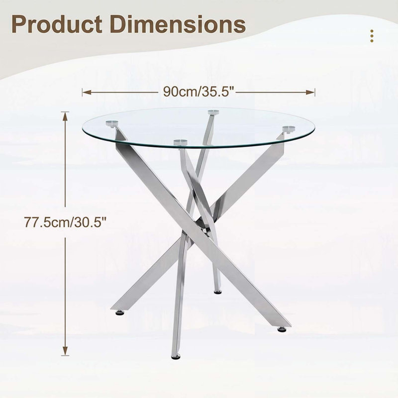 Table de salle à manger ronde en verre avec pieds argentés, parfaite pour les cuisines modernes et les petits espaces, design élégant et sécuritaire