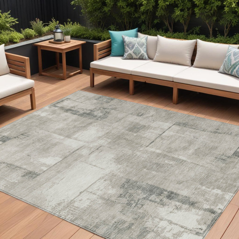 Tapis intérieur / extérieur beige et gris à motif géométrique 9 pi x 12 pi