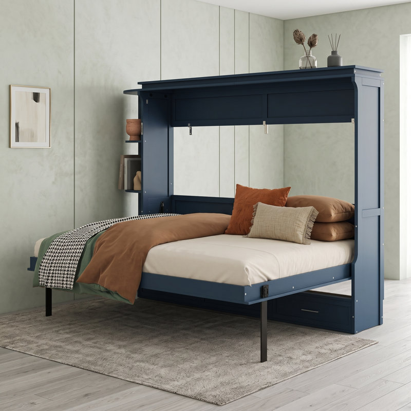 Lit escamotable peu encombrant avec tablettes latérales et tiroirs, Grand lit, Bleu