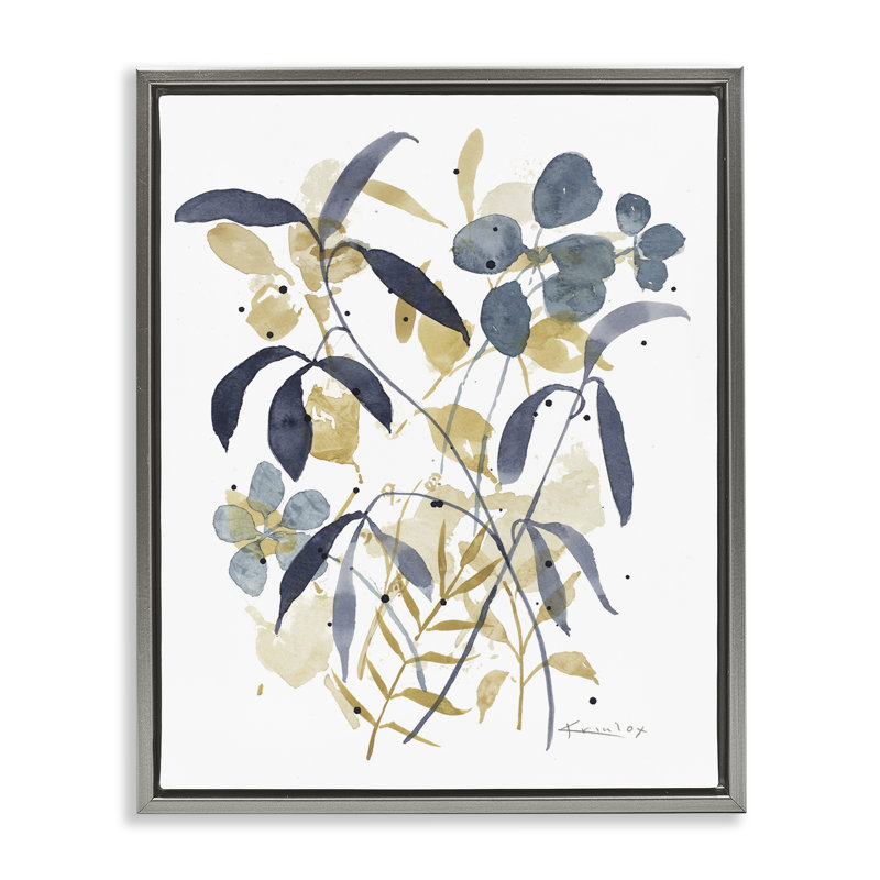 Cadre flottant bleu et jaune Impressions de plantes, design par Krinlox, H 31 po x l 25 po, Cadre flottant gris lustré
