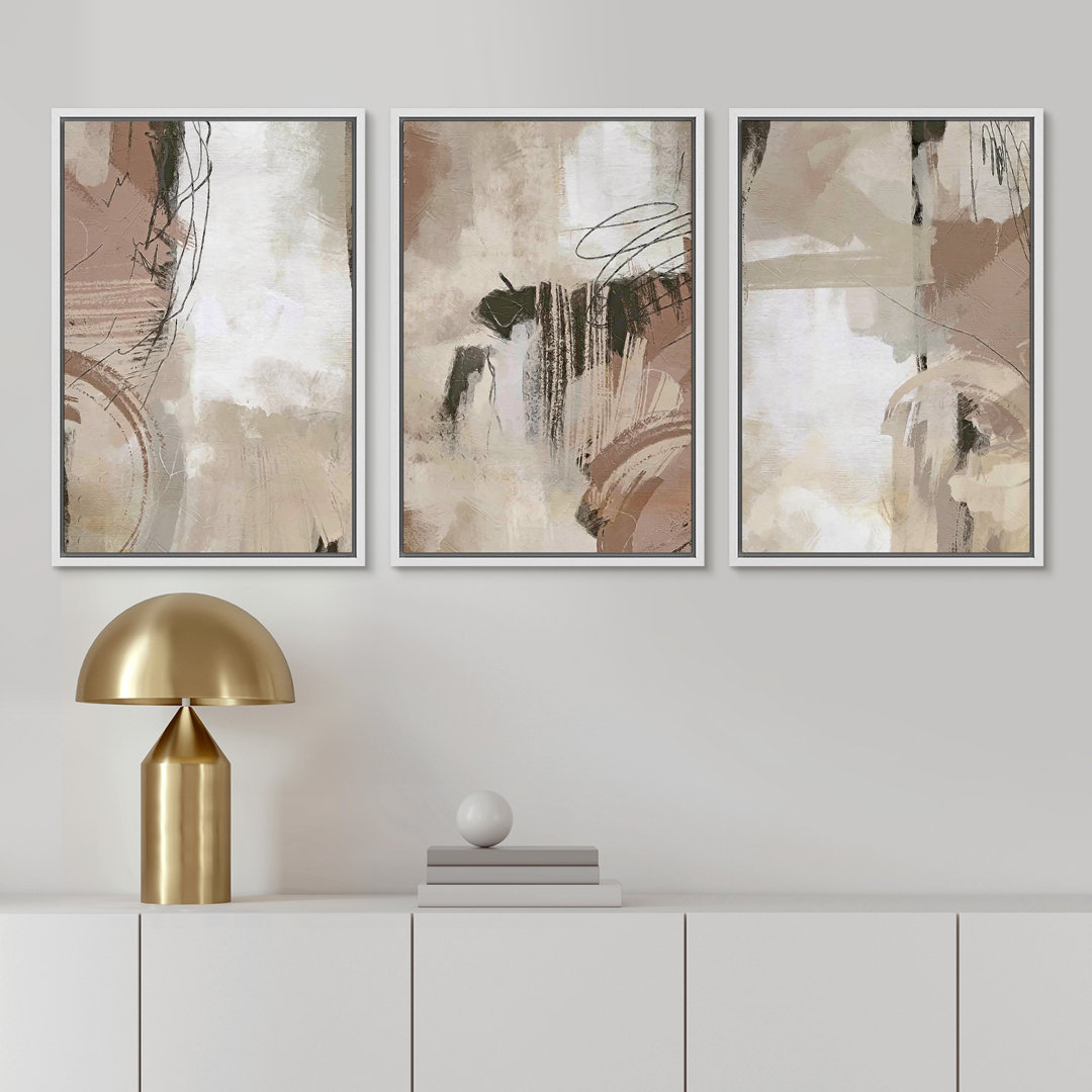Pastel Watercolor Paint Strokes Abstract Neutral Art Decor Framed Canvas Print 3 Pieces Wall Art IDEA4WALL Frame 