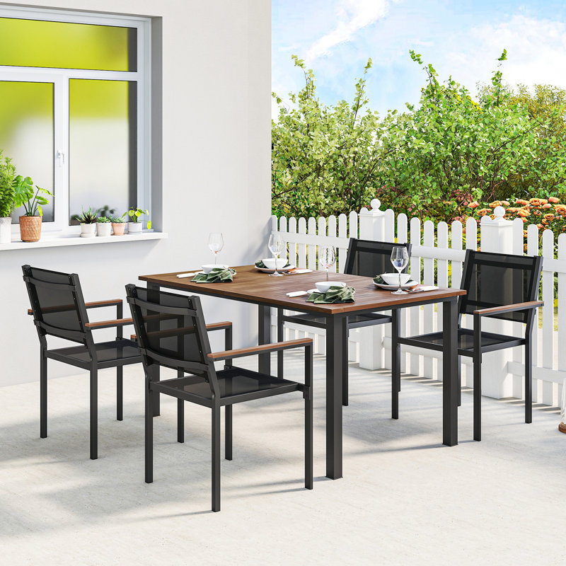 5 Piece Outdoor Dining Set, Outdoor Table and Chairs for 4, 59" Rectangular Acacia Wood Tabletop and 352 LBS Mesh Stackable Chairs, Patio Set for Garden, Backyard, Deck, Teak