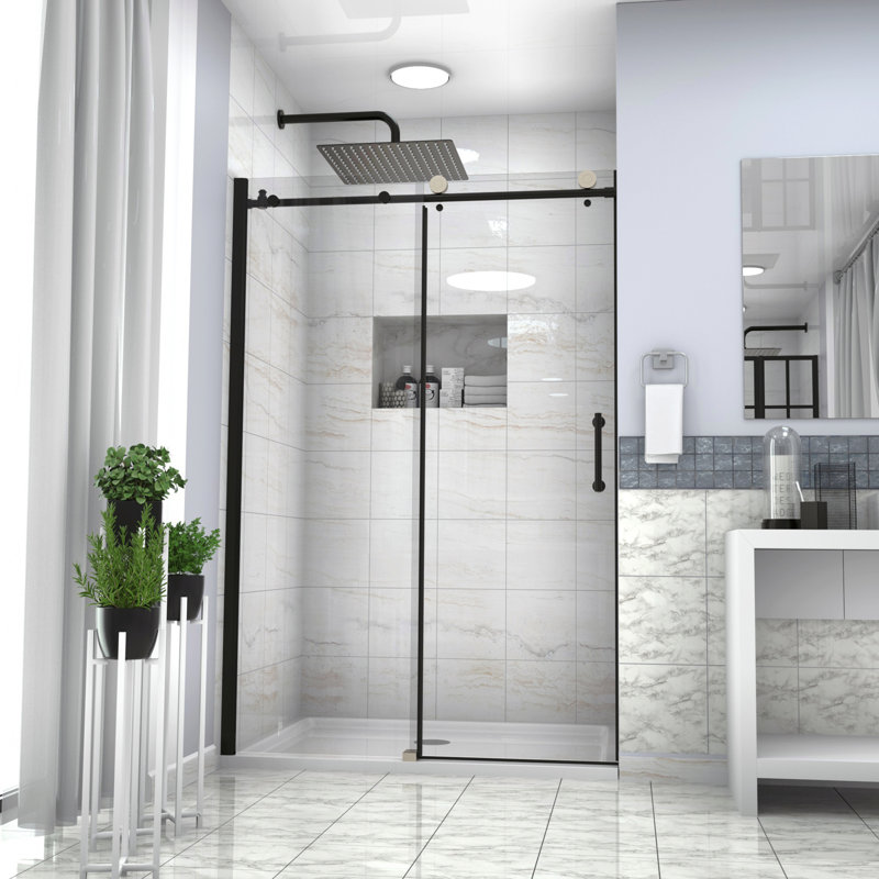 Paroi de douche coulissante simple l 48 po x H 76 po, noir mat, Noir mat