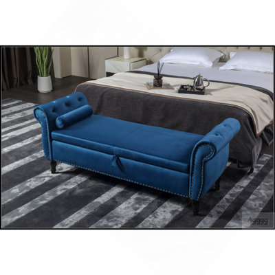 Aijia 63" Velvet Multifunctional Storage Bench Rectangular Sofa Stool Buttons Tufted Nailhead Trimmed Ottoman Solid Wood Legs with 1 Pillow,Blue