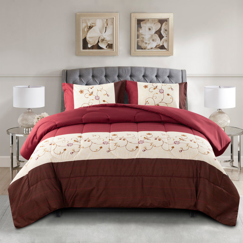 Marina Decoration Home Decor Bedding Comforters Bedroom Duvet Soft Luxury Fluffy Goose Down Alternative Boho 2 Piece Printed Comforter Set, Modern Burgundy Cosmos Floral Pattern Twin/Single Size