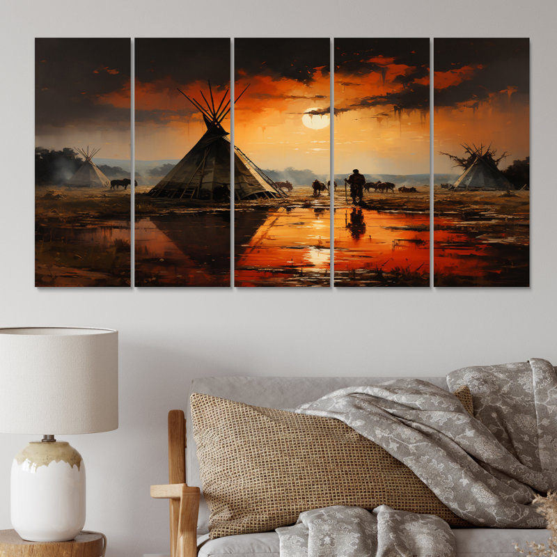 «Orange Native Tipi Embrachant Tradition II», reproduction sur toile tendue de 5 pièces